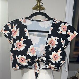 Floral Bathing Suit Black Crop Top